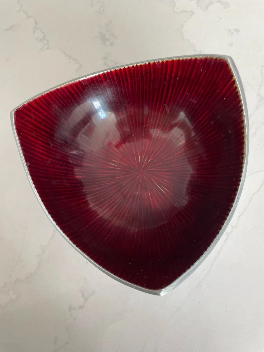 Handcrafted Ruby Red Enamel Bowl- Modern Silver Tone Catchall Dish, Made in Indi